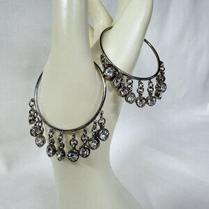 Silver Tone Hoop Earrings Rhinestone Dangle Large